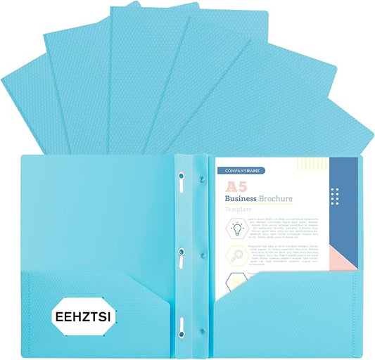 6-Pack Plastic andPockets and Prongs,2-Pocket and3 Fasteners, Pastel Folders Holds 8-1/2" x 11" Paper for School/Office/Home, Blue