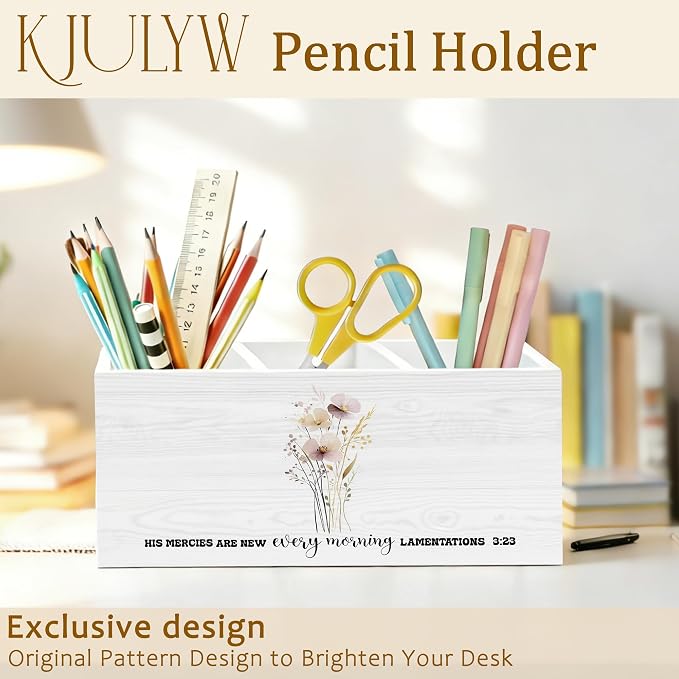 Christian Floral Pen Holder for Desk, Christian Gifts for Women, His Mercies Are New Every Morning Religious Wooden Box Pencil Pen Holder Organizer for Home Office Desk Accessories