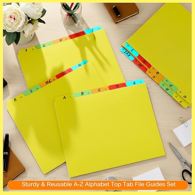 2 Set 50 Pcs Alphabet File Dividers A-z Top Tab Guides Set, Letter Size Filing Organizers 1/5 Cut Alphabetical File Folder Tabs for Home, Office, School(Yellow Colors)