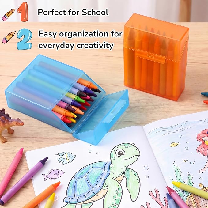 Clabby 4 Pcs Plastic Crayon Organizer Case for 24 Count Crayons Kids Art Supply Storage Box with Lid, Portable Holder for Classroom Home Travel, Fits Standard 24-Pack Crayon (Blue,Orange)
