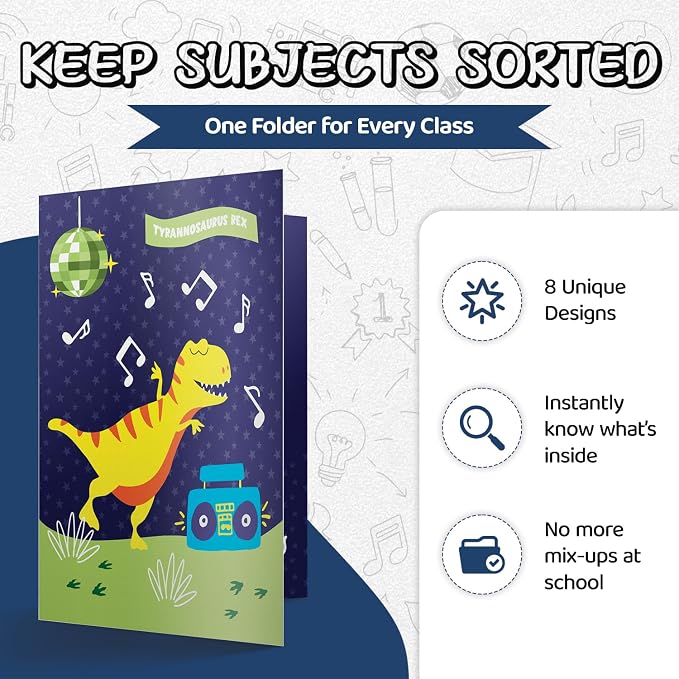 8 School Folders - Cute Pocket Folders with 8 Unique Dinosaur Designs in Front, Back Cover and Inside - Kids Pocket Folders - Homework Folders - Dinosaur Folders - 12 x 9.25 Inches (Pack of 8)