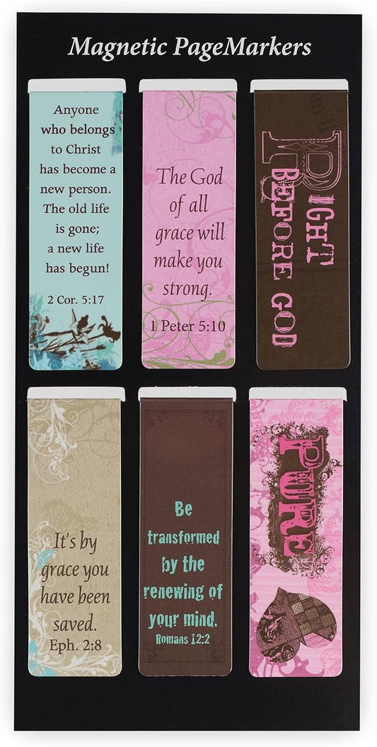 Christian Art Gifts Magnetic Scripture Bookmark Set for Women & Girls with Bible Verse: Grace - Vintage Floral Themed Inspirational Magnetic Pagemarkers Set of 6 for Bibles and Books, Size 2.3” x 0.8”