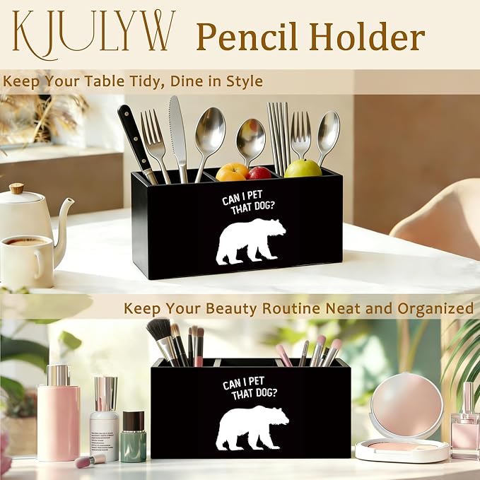 Funny Bear Pen Holder for Desk, Bear Lover Gifts for Women Men, Can I Pet that Dog Wooden Box Pencil Pen Holder Organizer for Home Office Desk Accessories