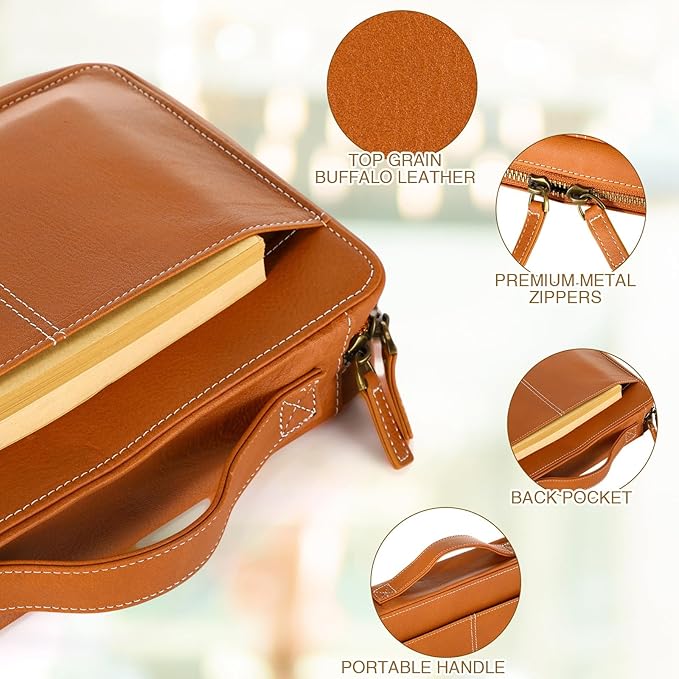 Top Grain Leather Bible Cover for Men Women Buffalo Genuine Leather Bible Case Book Holder Bag with Zipper Handle Back Pocket Bookmark Father's Day Religious Gift(Light Brown,Medium,Classic)