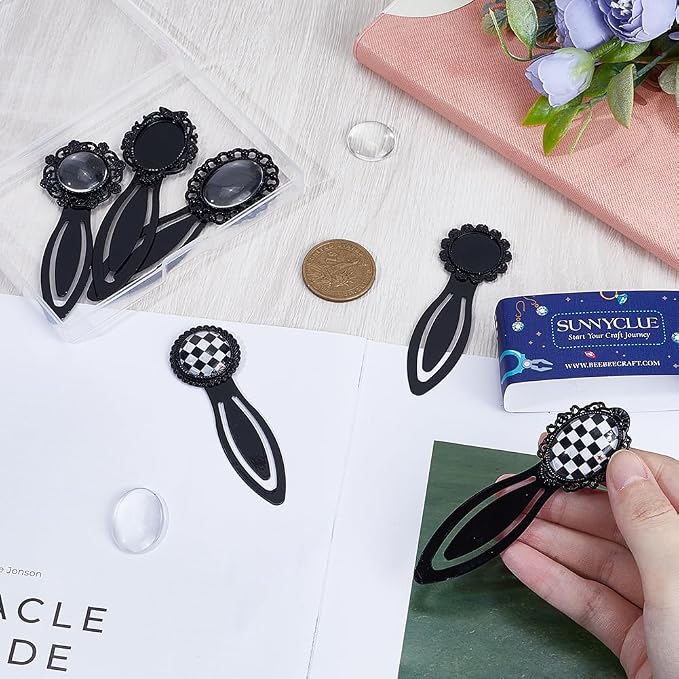 SUNNYCLUE 1 Box 12Pcs DIY 6 Sets Cabochon Bookmark Retro Style Black Metal Bookmarks Blanks Glass Dome Vintage Bookmark Bezel Tray Book Marks Clip Round Oval Clear Cabochons for Bookworm DIY Crafts