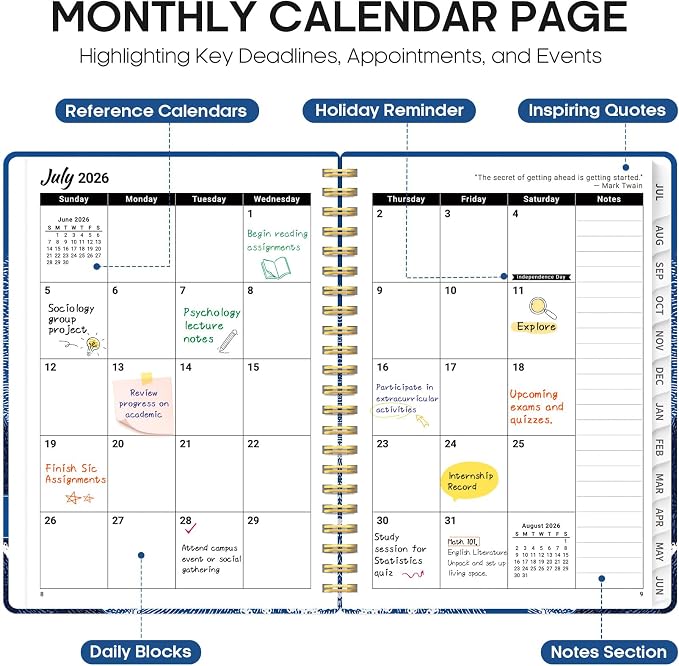 Planner 2026–2027, Academic Year Monthly & Weekly Calendar Book, Jul 2026–Jun 2027, Hardcover Organizer with Tabs, Student & Teacher Planner, 6.3" x 8.5", Lunar Lighthouse