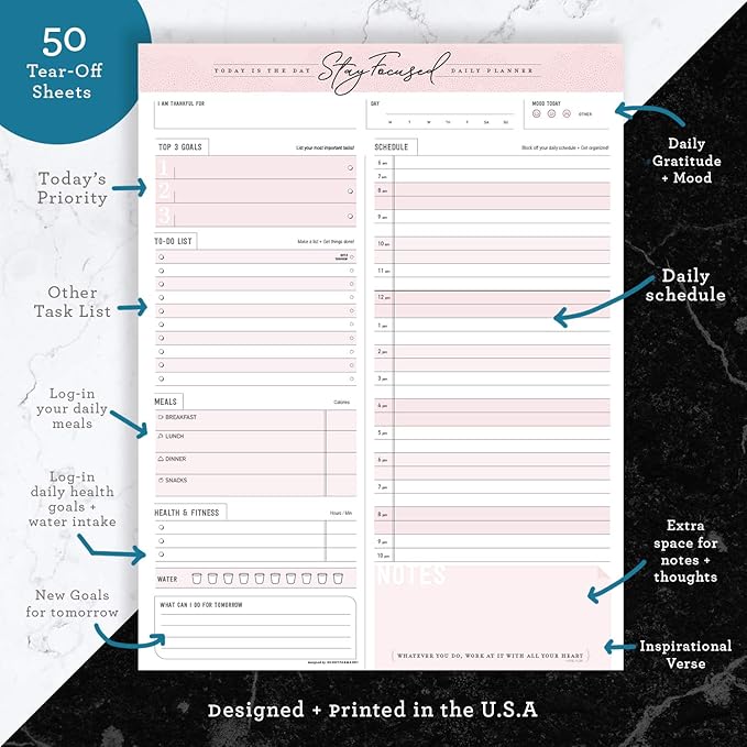 Daily Notepad Planner To Do Schedule - Stay Focused 50 Tear off Premium Made USA (Rose Pink)