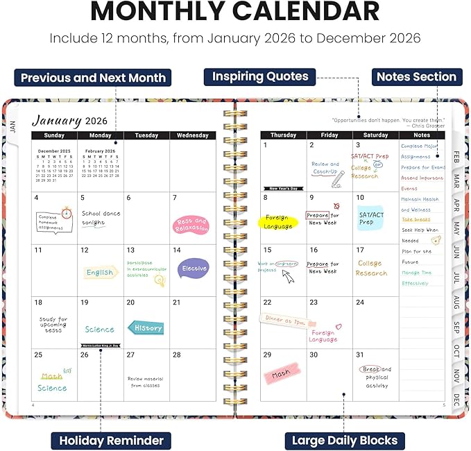 2026 Planner, Weekly and Monthly Planner for Women, January 2026 - December 2026, Hardcover 2026 Calendar Planner Book with Tabs, Inner Pocket, Spiral Bound, Perfect for Office Home School Supplies - A5 (6.3" x 8.5"), Petite Blooms