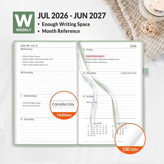 SUNEE 2026-2027 Pocket Weekly Planner for Purse 3.5" x 6" - 12 Month (July 2026 - June 2027) Academic Year Calendar, Pocket Size Planner, Hardcover, Note, 100 GSM Paper, Sage Green