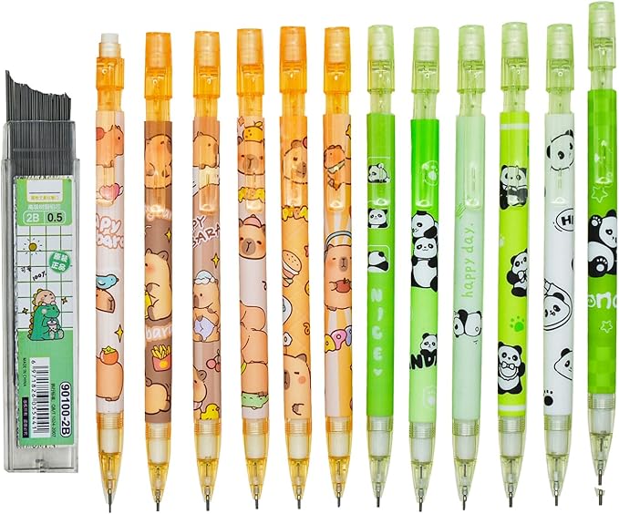 Maydahui 12 Pcs 2B 0.5 mm Cute Cartoon Capybara and Panda Mechanical Pencils With Eraser and 100 Pcs Lead Refills For Drawing Homework Stationery Supplies