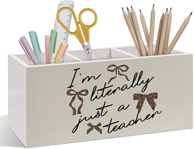 Trendy Leopard Bow Teacher Pen Pencil Holder, Teachers Gifts for Women, Teacher Appreciation Gifts Wooden Pen Pencil Organizer for Office Workplace Classroom Desk Decor