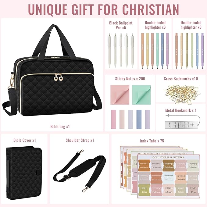 Bible Cover Case for Women, with Book Carrying Case Bible Study Supplies Kit 12 Highlighters & 75 Tabs,Large Bible Bag,Bible Case Shoulder Strap,Sticky Notes, Bookmarks,Mothers Day Christian Gifts