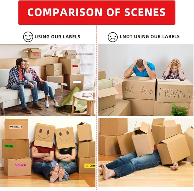 Misofuki 16 Rolls 960 Pcs 1"x4.5" Color Coded Moving Labels Stickers for Boxes with 4 Bedroom Labels - Can Stick on Furniture Directly, NOT Recommended for Rough Surfaces, Such as Carton