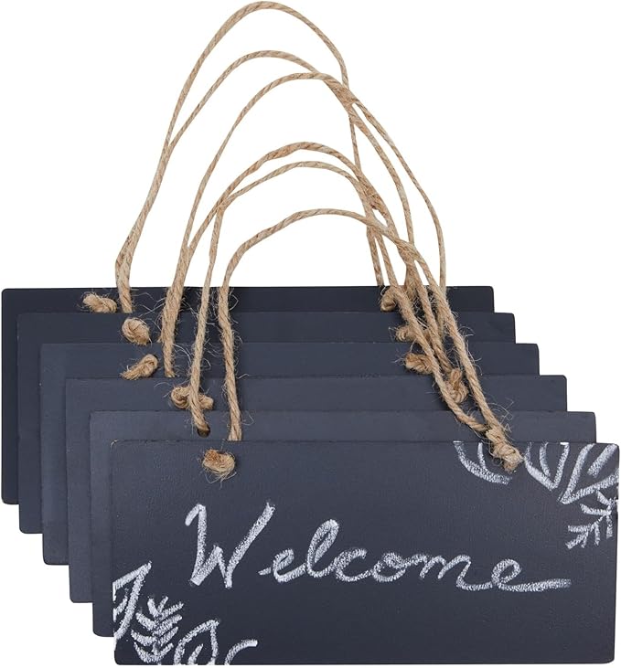 Juvale Hanging Chalkboard Signs & Chalkboard Tags - 6-Pack, 7 x 3 in - Jute Rope Hangers, Dry Erase & Reusable - Mini Hangable Chalk Labels & Classroom Table Signs