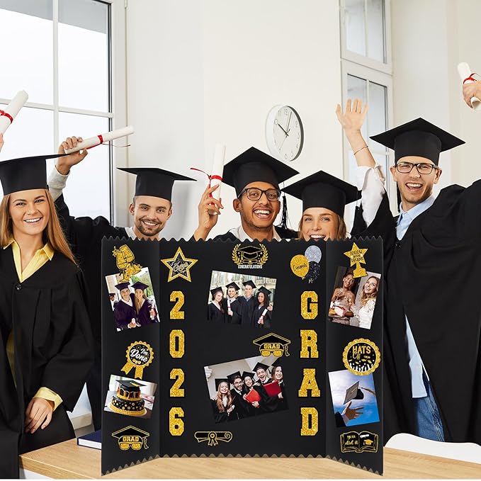 AmazingSpark 4 Sets Graduation Photo Display Board Trifold Poster Board with 12 Graduation Themed Stickers for 2026 Grad Party Decoration Picture Collage Frame Supplies (24 x 16,Black Gold)