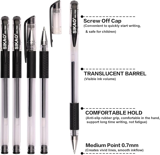 Black Gel Pens Bulk, 60 Pack 0.7mm Fine Point Gel Ink Rollerball Pens, Smooth Quick-Dry Black Ink No Smear, Comfortable Grip Pens for Office, School, Journaling, Note-Taking & Daily Writing