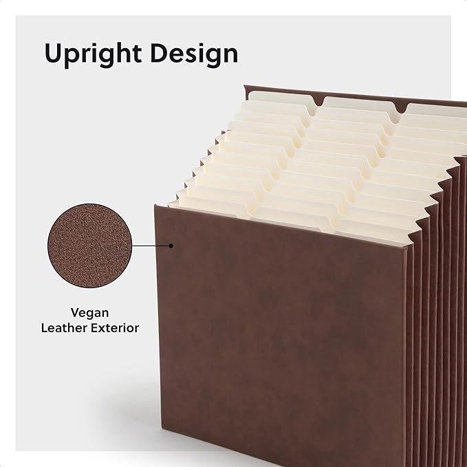 Smead Expanding 12-Pocket Stadium File, 12.75" x 13.75" x up to 11.75", Brown Vegan Leather (70228)