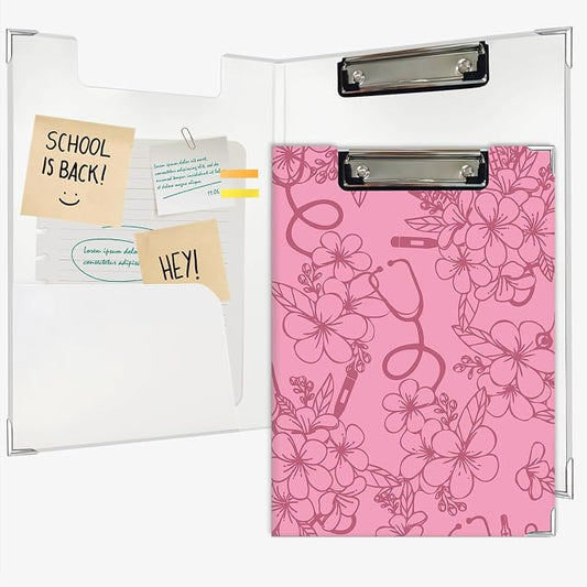 Lacama Nurse Clipboard with Storage for Office Classroom Desk, Pink Nurse Gift, Nursing School Office Supplies, Flower Stethoscope Project Folders with Metal Clip for Nurses Women, 12.4x9.25