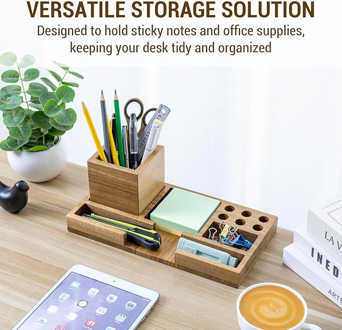 MyGift Wood Desk Tray Desk Organizer Office Desktop Pen Holder Sticky Note Holder Acacia Solid Wood Storage Tray