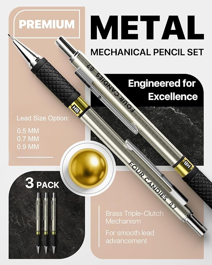 3PCS Metal Mechanical Pencil Set - 0.5 & 0.7 & 0.9mm with 360 Leads, 12 Erasers, Art Mechanical Pencils Pack with Storage Case for School Writing, Sketching, Drawing & Professional Drafting