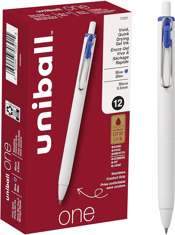 uniball one Retractable Gel Pens, Micro Point (0.5mm), Blue Ink, 12 Pack