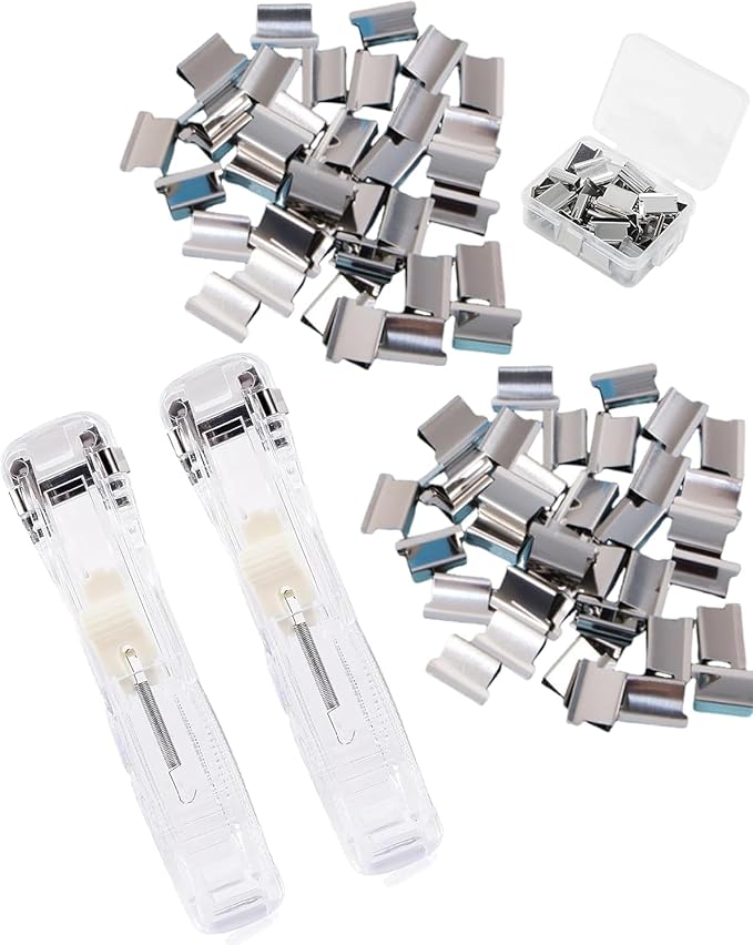 2-Pack Reusable Binder Clip Stapler, Portable Push Clip Stapler with 200 Refill Clips, Punchless Desktop Stapler for Office School Home, Eco-Friendly Paper Clamp Dispenser (White)