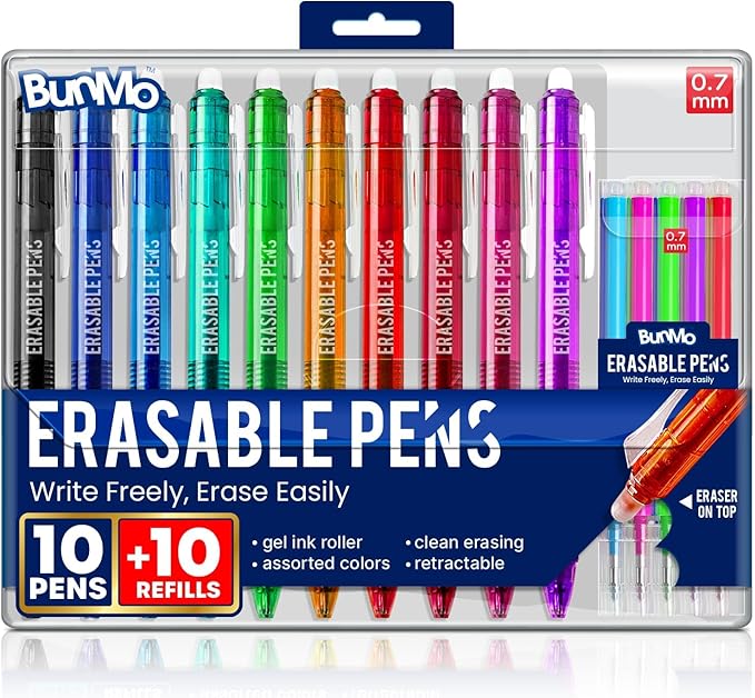 BUNMO Erasable Gel Pens - Multicolor Erasable Colored Pencils for Smooth Writing & Drawing - Gifts for Teens - 10 Colorful Pens with 10 Refills Included