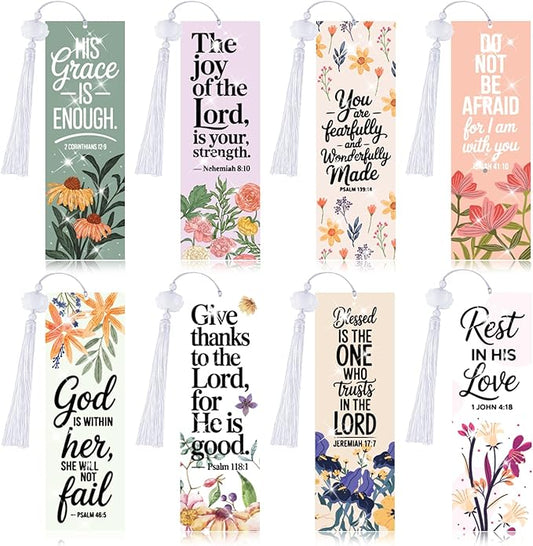 8 Pieces Christian Bible Verse Diamond Art Bookmarks 5d Christian Beaded Bookmark Acrylic Tassel Bookmark for DIY Making Beginners Adults Arts Craft Supplies (Floral Christian-1)