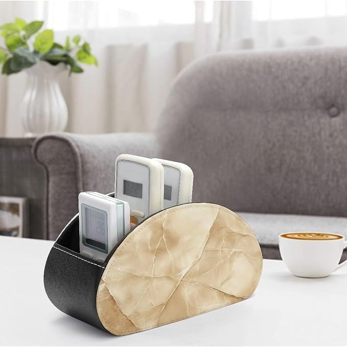 Beige Marble Remote Control Holder with 5 Compartments Leather TV Remote Caddy Remote Storage Box Desktop Organizer for Pen/TV Remotes/Media Controllers/Office Supplies
