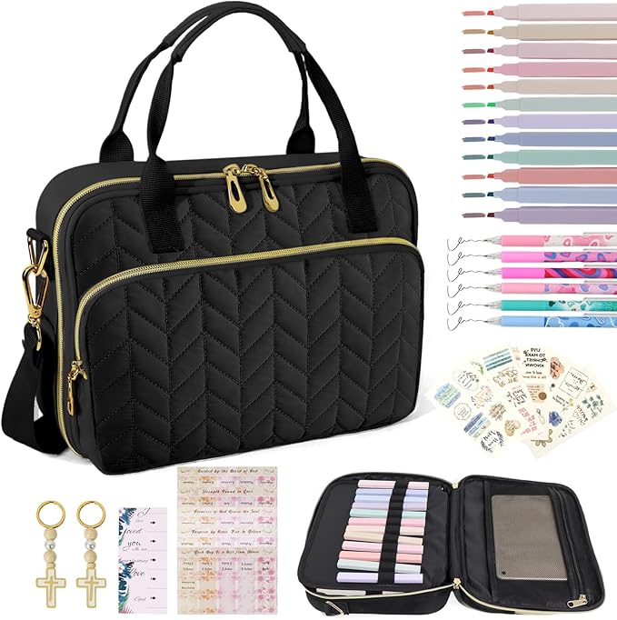 Bible Cover Case for Women, Large Qilted Bible Case with Shoulder Strap,Study Supplies and Highlighters Accessories - Perfect Christian Gift for Church, Travel (Black, one Size)