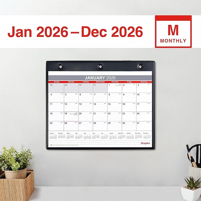 2026 Staples 11" x 8" Monthly Calendar, White/Red/Gray