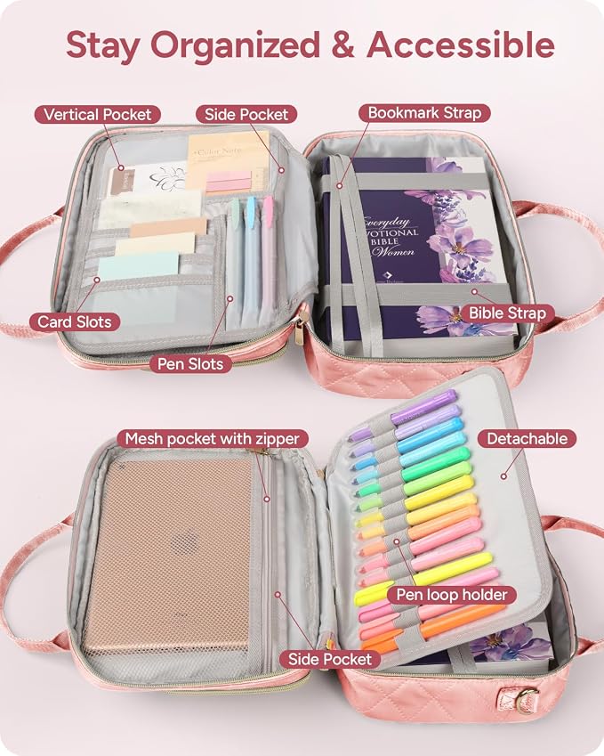 Bible Journaling Kit – Quilted Bible Cover Case for Women, 31 Highlighters, 75 Tabs, Bible Study Supplies & Christian Gift for Women and Teens (Shoulder Strap, Blush Pink)