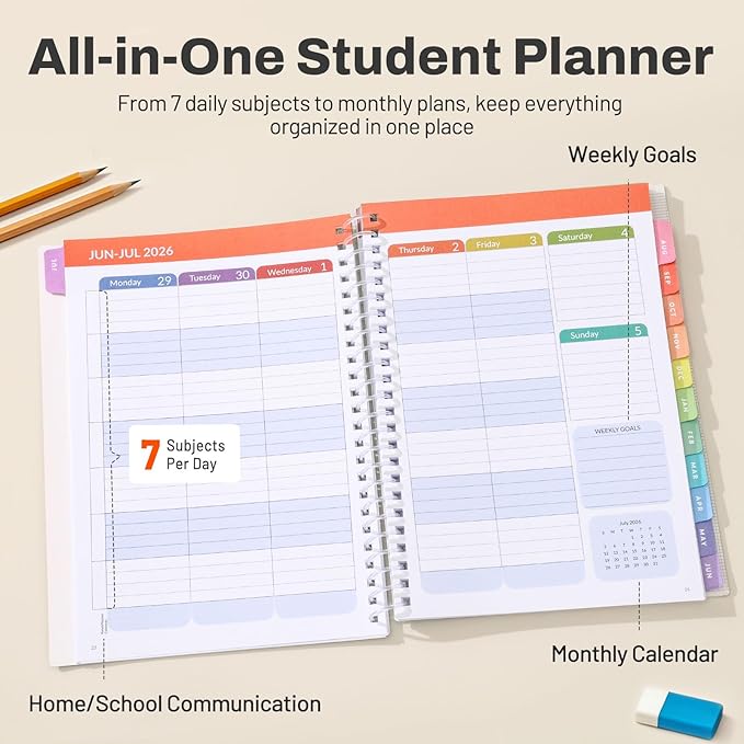 Student Planner 2026-2027, SUNEE Academic Weekly & Monthly Plan Book, Jul. 2026 - Jun. 2027, 6.5"×8.3" Middle & High School Planner, Lesson Plan Book with Week's Goals, Bookmark, Monthly Tabs, Pink