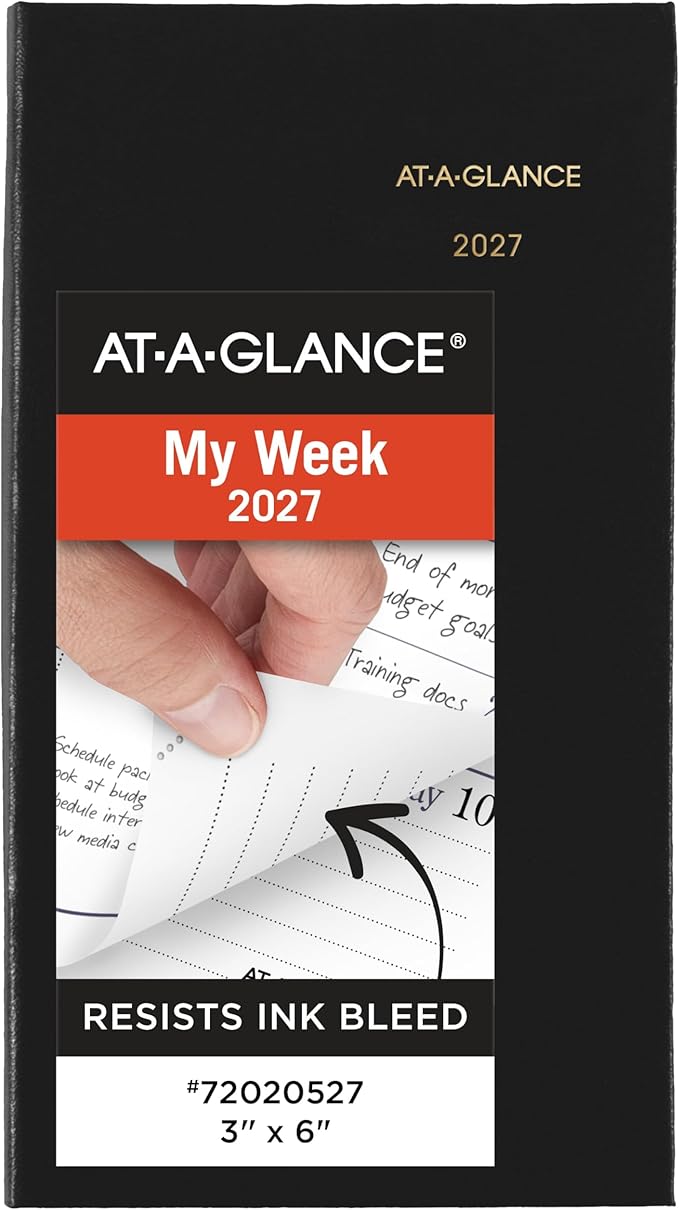 AT-A-GLANCE 2027 Planner, Weekly & Monthly, 3" x 6", Pocket Size Fine Diary, Faux Leather Hardcover, Black (72020527)