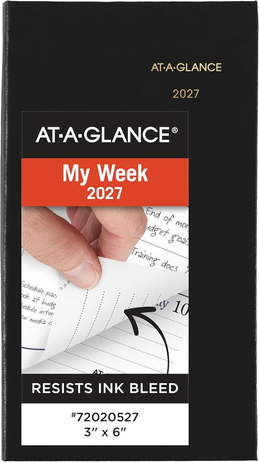 AT-A-GLANCE 2027 Planner, Weekly & Monthly, 3" x 6", Pocket Size Fine Diary, Faux Leather Hardcover, Black (72020527)