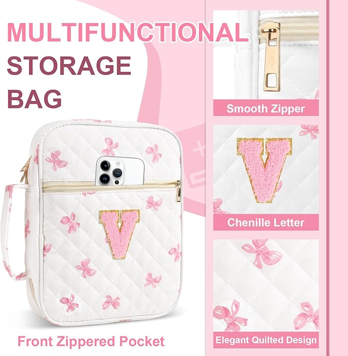 Personalized Initial Bible Cover Case for Women Girls Kid - Large Quilted Bible Case with Handle, Stylish Chenille Letter Bag Study Supplies, Perfect Christmas Gifts for Christians Women (Pink Bow-V)