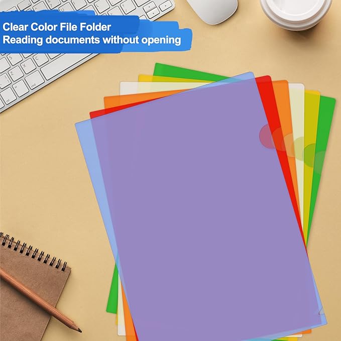 ViVin 36 Pack Plastic Clear Document Folders, L-Type Plastic 8.5x11 File Sleeves for Document Protection, Transparent Reusable A4 Project Pockets for School, Office, Home(6 Assorted Colors)
