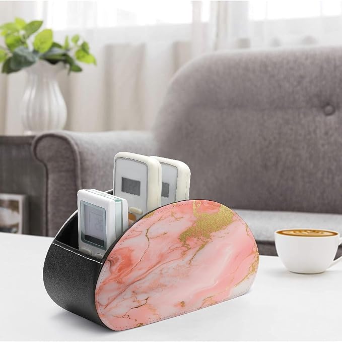 Pink And Gold Marble Pattern Remote Control Holder with 5 Compartments Leather TV Remote Caddy Remote Storage Box Desktop Organizer for Pen/TV Remotes/Media Controllers/Office Supplies