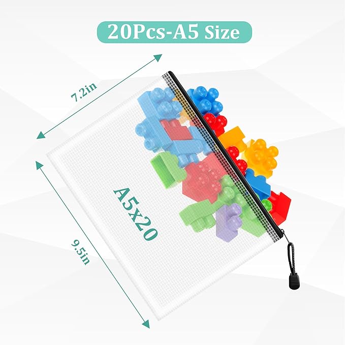 20pcs Mesh Zipper Pouch Bags Small, A5 9.4x7.1 Inches, Zipper Pouches for Classroom, Organizing Bags for Home, Office and Puzzle Storage