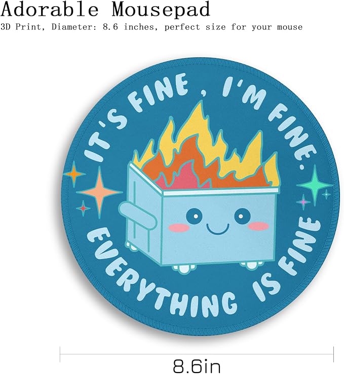 Gctriki Dumpster on Fire Mouse Pad for Desk, Funny Blue Round Mousepad for Computer Laptop Gaming, Stitched Edge Non-Slip Rubber Base, Cute Home Office Desk Accessories Decor for Women