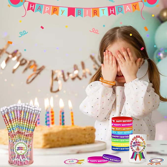 Birthday Pencils Set: 24 Happy Birthday Pencils, 24 Rubber Wristbands, 200 Badge Stickers - Multicolor, Unisex - 248 Pieces