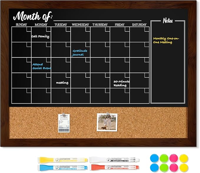 DOLLAR BOSS Chalkboard Calendar Corkboard Combo, 24" x 18" Magnetic Chalk Board Monthly Planner & Natural Cork Bulletin Rustic Wood Frame for Office Home School with 4 Markers, 8 Magnets, 10 Pins