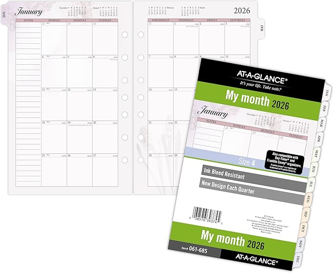 AT-A-GLANCE 2026 Planner Refill, Monthly, 5-1/2" x 8-1/2", Desk Size 4, Loose-Leaf, Unruled Blocks, Nature (061-685-26)