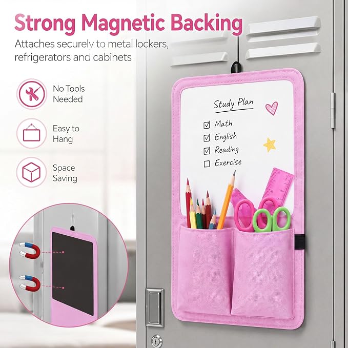 Briwooody Magnetic Locker Organizer 7.8 x 12.6 Inch Locker Accessories Magnetic White Board with Holder Bag Back to School Holder Bag First Day of School Supplies for Cabinet Refrigerator(Light Pink)