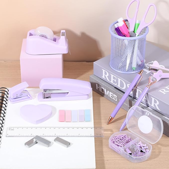 14Pcs Purple Desk Accessories, Purple Office Supplies Desk Supplies Set Office Essentials Stapler and Tape Dispenser Set, with Paper Clips Staple Pen Holder Staple Remover Back to School Supplies