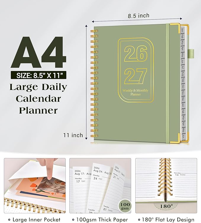 Planner 2026-2027, 18 Months Weekly and Monthly Hardcover Planner, January 2026 - June 2027, 8.5" x 11" A4 Large Daily Calendar Planner Book with Tabs, Spiral Yearly Agenda Organizer Notebook for School Work Home, Green