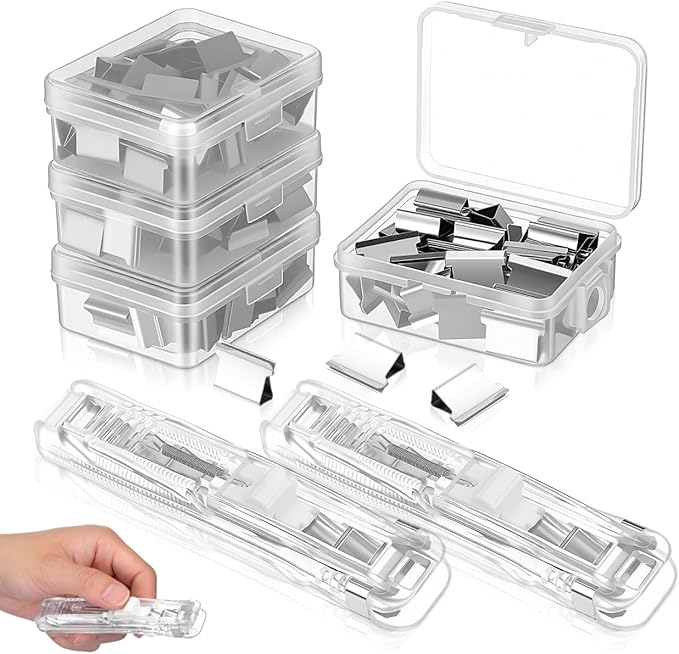 Portable Paper Clam Clip Dispenser 2pcs - Reusable Push Stapler with 200 Refill Clips, No-Hole Binding - Up to 40 Sheet Capacity, Handheld for Document Office School Desk (Transparent)