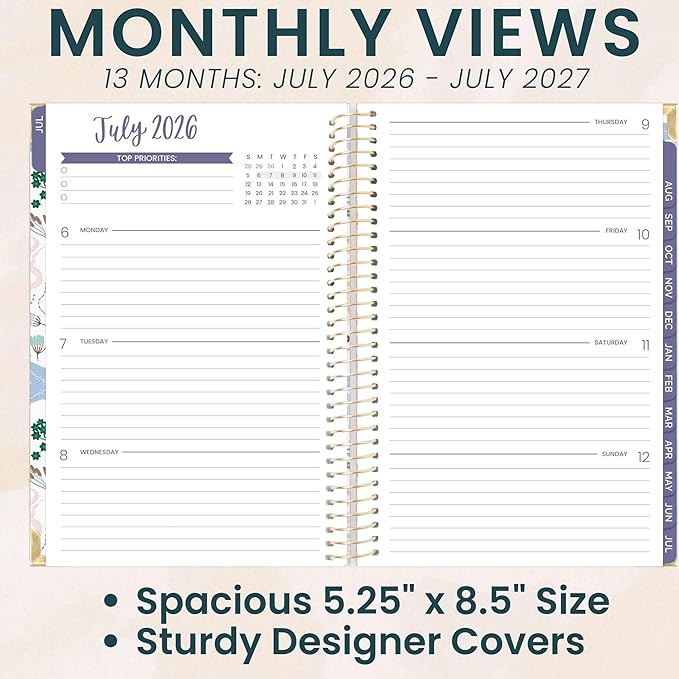 bloom daily planners HARDCOVER Planner 2026-2027 for Women - Academic Year (July 2026 - July 2027) 13 Months - A5 Monthly & Weekly Agenda Book - 5.5” x 8.25” - Seaside Whimsy