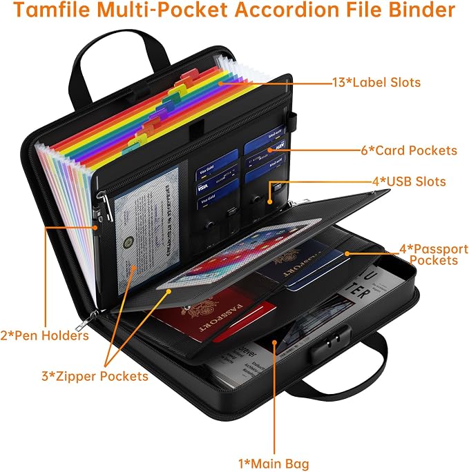 Fireproof Accordion File Organizer with Lock, 5200℉ Document Organizer | Thickened, 13 Colorful Pocket, with Zipper & Labels, Important Document Organizer, Expanding File Folder, with Handle, Black