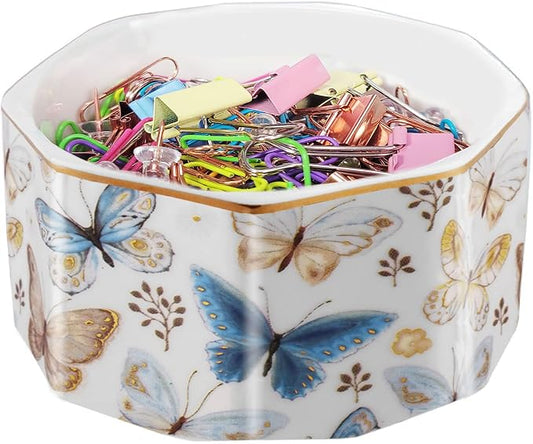 Ceramic Paper Clip Holder Gold Line Paper Clip Dispenser Organizer for Desk Cute Floral Butterfly Pattern Office Binder Clip Holder Bobby Pin and Hair Clip Holder Gift for Office Butterfly